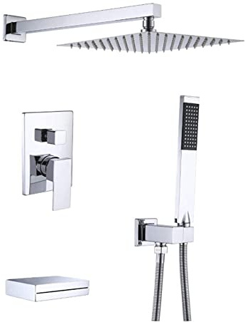 Verdecktes Duschsystem mit 3 Funktionen und schwarzem Wasserfall-Wasserhahn, stilvoller Duscharmatur für moderne Badezimmer, 25,4 cm Regenduschkopf