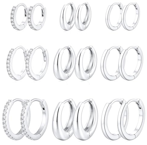 Turandoss 9 Paar Ohrringe Gold Silber für Damen Hypoallergene Creolen Set | 14K Vergoldete Ohrringe Creolen Set Medizinische Creolen Helix Knorpel Tragus Piercing Ohr Set für Mehrfachpiercing 8/10/12MM