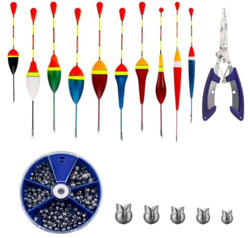 Juego de 10 Piezas Pesca con Flotador, Kits de Flotadores de Pesca, Flotadores de Pesca Bobber Set, Bobbers de Pesca, Que Incluye Diferentes tamaños de plomos de Pesca y 1 par de alicates de Pesca