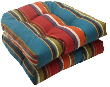 Pillow Perfect Stripe Indoor/Outdoor Chair Seat Cushion, Tufted, Weather, and Fade Resistant, 19 x 19, Red/Brown Westport, 2 Count