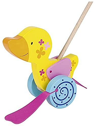 goki 54913 Schiebetier Ente, Susibelle, 31 x 10 x 66,5 cm, Holz, Lauflernspielzeug mit watschelnden Gummifüßen, ab 1 Jahr