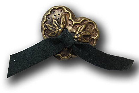 Knopfparadies - 3er Set Bezaubernde Herz Trachten Knöpfe aus Metall mit Edelweiß und Leder (Imitat?) Schleife/altmessingfarben, dunkelgrün/Metallknöpfe/Ø ca. 19x23mm