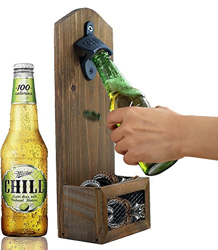 AHDECOR Flaschenöffner zur Wandmontage Bierkappenöffner mit Kronkorkenauffangbehälter aus Vintage-Holz für Bar Party Küche Deko, Geschenk für Männer und Bierliebhaber(Bottle Opener)