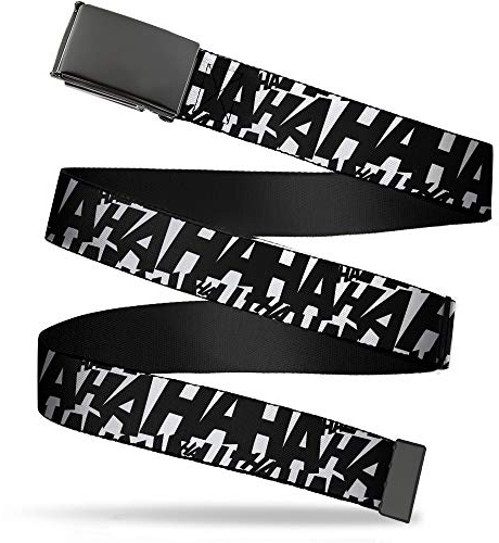 Buckle-Down Cinturón de tela de lona con hebilla de abrazadera lisa Jokers Laugh Hahaha Repeat blanco negro para hombres mujeres niños, Joker, 1.25 Wide - Fits up to Pant Size 42