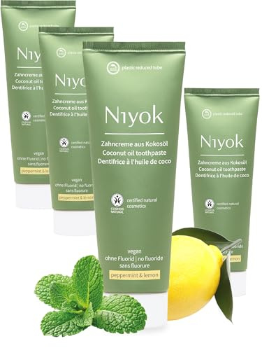 Niyok Zahncreme Pfefferminze & Zitrone 4 x 75 ml | Fluoridfreie Zahnpasta mit Bio-Kokosöl, Xylit und Kreide für ein frisches Mundgefühl
