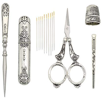 1 ensemble de ciseaux de broderie vintage avec étui à aiguilles, dé à coudre, alêne, outils de broderie.