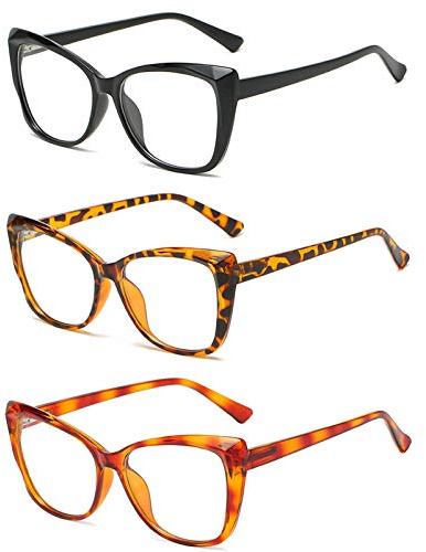 KoKoBin Juego de 3 gafas de lectura para ojos de gato con marco grande, gafas opacas cómodas, antiluz azul, pack de 3