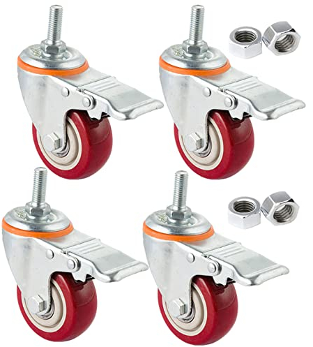 Rollen Möbel mit Gewinde mit Bremse 4 Stück Rollen mit SchraubenspindelBremse aus Polyurethan Möbel geräuschlose Schwerlast Räder Gewinde Abriebfestigkeit Rollen Möbelrollen (100mm M12,Bremse x4)
