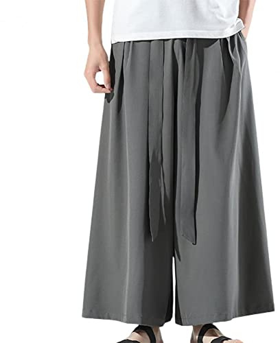 Pantalones Negros de Seda de Hielo para Hombre Hakama Kung Fu con Parte Inferior Ancha Wushu Kimono Pantalones Anchos Chinos Grey 2XL
