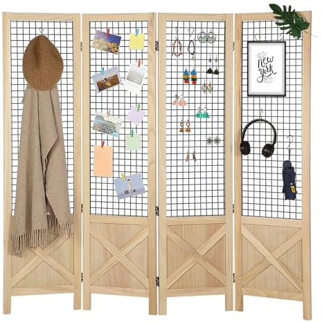 Wnutrees 4 Panel Gridwall Display, Portable Freestanding Display Board for Craft/Art Shows, Retail, Events, Decorative Wood Room Divider Folding Screens, Natural