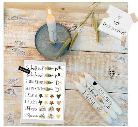 DIN A5 Kerzenfolie/Kerzentattoo zur Einschulung zum Schulstart Schulbeginn Junge und Mädchen | zum selber machen für Stabkerzen und Stumpenkerzen - Kerzensticker DIY (4006 - grün/gelb/orange)