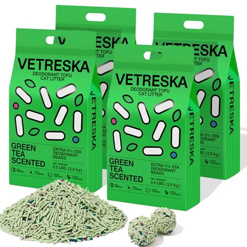 VETRESKA Tofu Cat Litter, Natural Kitty Litter Strong Clumping Flushable Cat Litter Pellets Ultra Absorbent, Odor Control, Dust-Free, Low Tracking Eco-Friendly Tofu Litter, Greentea(5.5lb×4bags)