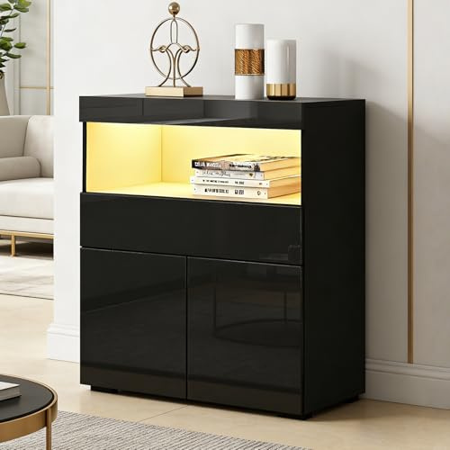 Sideboard Cabinet, High Gloss Storage Cabinet Unit with LED Light Black