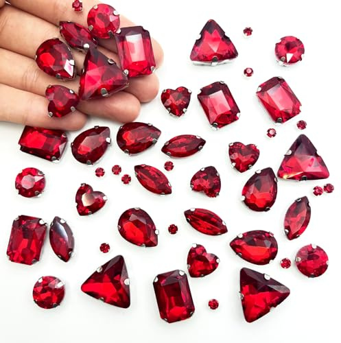 Yixinly 236 Stück Strasssteine zum Aufnähen, 7 Formen von Strasssteinen Metall Krappenfassung Glas Nähen Edelsteine​für DIY-Bastelkleidung, Kleidungs, Schuhe, Taschen (Rot)
