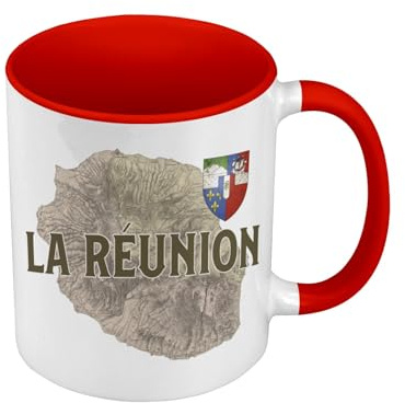 Fabulous Mug de Couleur Qualité Premium Rouge - La Réunion 974 Ile Departement Carte Ancienne France - Tasse avec anse et intérieur de couleur