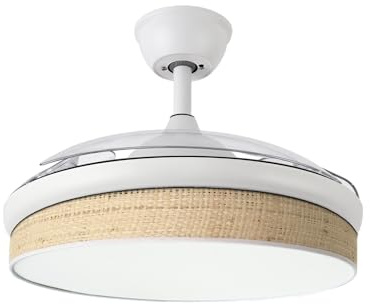 ABRILA - Ventilador DC MODA | Color Blanco con tres Aspas Desplegables ABS y Difusor Cañizo Claro | 6 Velocidades Ajustables | 3 Temperaturas de Luz | con Temporizador y Mando a Distancia Incluido