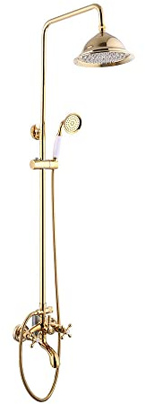 LANNADD Antik Messing Duschsystem, Regendusche Duschsystem Armatur Handbrause Retro Nostalgie Dusch, Modern Dusche Gesetzt Wand Haengen Bad Wasserhahn Mischer Mit Kopfbrause Rund Mischbatterie - Gold