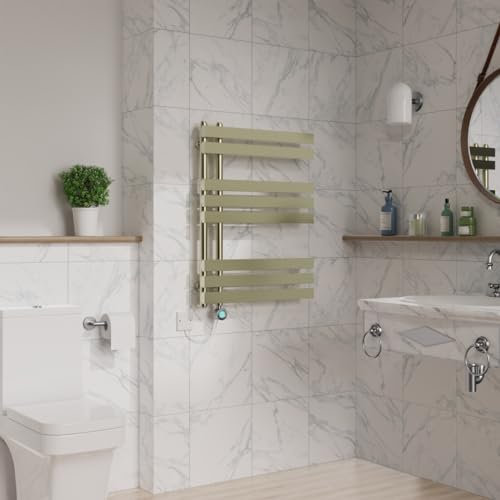 Warmehaus Designer Smart WiFi Thermostatic Electric Bathroom Heated Towel Rail Warmer Radiator with Timer D Shape Tube 800x600mm Brushed Brass