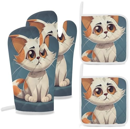 Lot de 4 gants de cuisine et maniques résistants à la chaleur - Motif chat de dessin animé