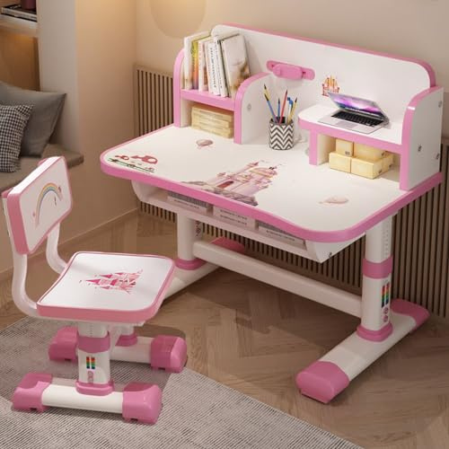UDIYO Kinderschreibtisch Set mit Bücherständer, Höhenverstellbarer Schreibtisch mit Schubladen, Goldenes Distanzdesign Schreibtisch Kinder für Jungs & Mädchen (Rosa B)