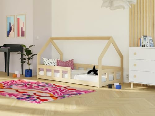 Benlemi Fence 6v1 Kinderbett | in Form eines Hauses | Niedrig | mit Seitenwand | aus Holz | 90x200 cm (weiß, Mit Einer Barriere)