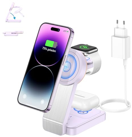 Induktive Ladestation, 3 in 1 Faltbar Mag-Safe Ladegerät，20-W-Netzteil | für iPhone 17 16 15 14 13 12 Pro Max/Air/Plus/Pro, für Apple Watch 11 10 9 8 7 6 5 4 3 2, für AirPods 4 3 2 Pro