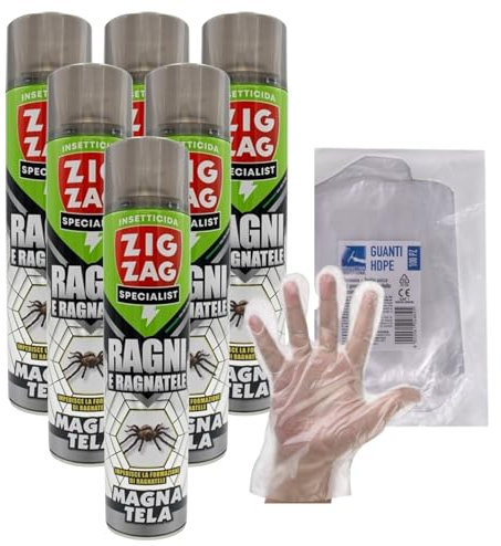 ZigZag Magnatela Insetticida Ragni, Azione Residuale, Efficacia Immediata, Protezione Elevata, Facile Utilizzo, Evita Formazione Ragnatele, 600ml+OMAGGIO 100pz Guanti HDPE Monouso (6 Spray+1CF Guanti)