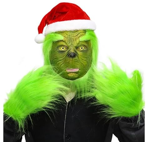 Fehodun Green Maske Weihnachten Latex Maske Gruselige Monster Kopfmaske mit grünem Pelzfe Cosplay Kostüm Requisiten für Erwachsene
