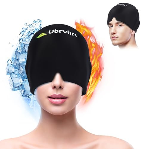 Ubrvhrt Maschera per emicrania, maschera per mal di testa, copertura a 360°, Cappello Migraine Relief Cap, impacco freddo e caldo per mal di testa, occhi gonfi, seni, gel double face, Nero