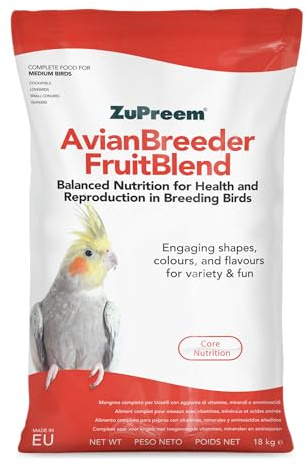 Zupreem Breeder multifrukt medelstor fågelmat - fågelfoder lämplig för uppfödning av gapornis, NINFA-kakadua, små kvottor och argentinska korv - 18 kg