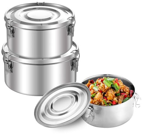 3 Pezzi Rotondo Lunch Box In Acciaio Inox,Porta Pranzo Acciaio Inox con Coperchi,Scatola Pranzo In Acciaio a Prova di Perdita,Portapranzo Acciaio Inox,Contenitore Acciaio Inox (660ml/1040ml/1590ml)