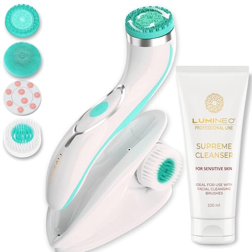 Lumineo brosse nettoyante pour le visage avec gel nettoyant, brosse électrique USB pour le visage pour un nettoyage en douceur et en profondeur (PRO turquoise (peau sensible))