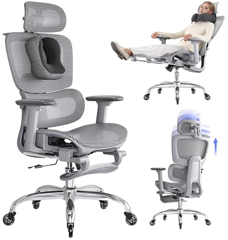 LarkLeaves Ergonomisk Kontorsstol med Fotstöd, Justerbar Skrivbordsstol i Nät med 3D Armstöd och Adaptivt Svankstöd, 145° Lutning, Hög Rygg för Hemmakontor, Grå