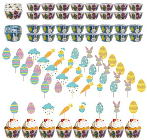 100 Stück Kaninchen Tortendeko Bunny Cupcake Toppers Kaninchen Kuchen Deko Ostern Tortendeko Hase Cupcake Toppers, Osterdekoration mit Hasen Set mit 100 Kuchenformen mit Ostermotiv und 40 Cupcake