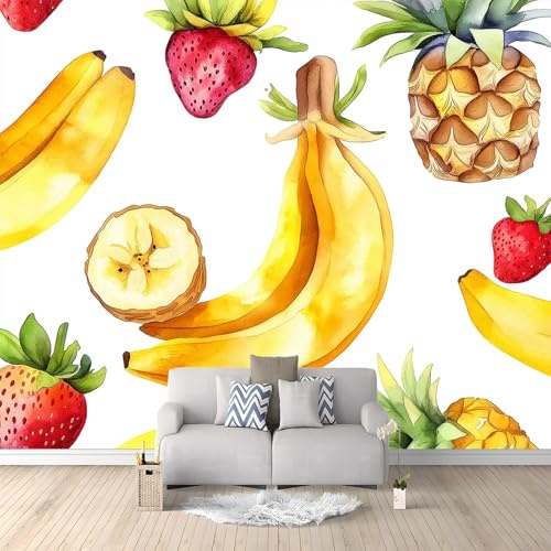 Papier Peint Intissé Peinture À L'Aquarelle Banane Ananas Fraise 200 x 140 cm Papier Peint Photo Panoramique, Poster Geant Mural Personnalisé 3D, pour Salon Cuisines Chambre Adulte Enfant Décor Murale