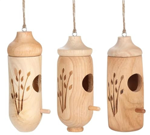 Casas para pájaros, casa para colibríes al aire libre, 3 crías de colibríes de jardín de madera, cueva de cría de cabañas de pájaros para jardín, patio, balcón, porche, tronco de árbol