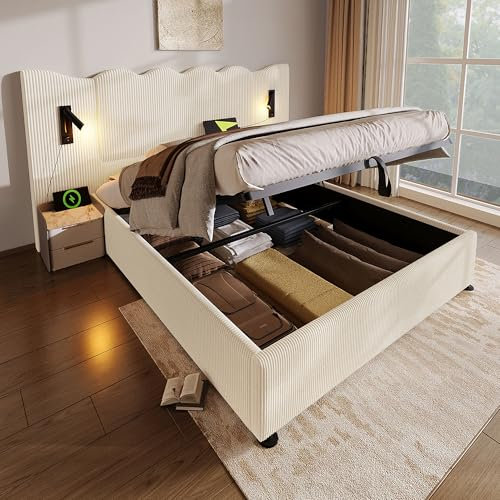 HYSZ Polsterbett Doppelbett 180×200 mit Leselampe und USB Type-C Ladefunktion, Stauraumbett Bettgestell mit Lattenrost aus Massivholz und Metall, Beige-Weiß, Cordstoff (Ohne Matratze)