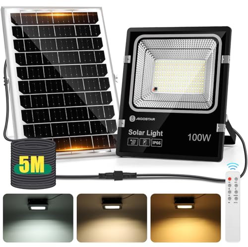 Aigostar - Foco solar exterior con mando a distancia，Cable de 5m.8000mAH，Batería de gran capacidad y gran panel solar.regulable 3000/4000/6500K. Uso interior/exterior IP66:jardín，patio，camino