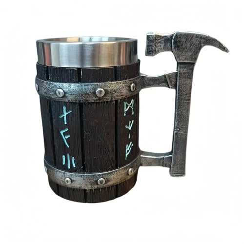 Drawelry Retro Holz Fass Bierkrug mit Griff Edelstahl Innenfutter Holzmaserung Leder Wasserbecher 600ml Vintage Nordische Wasser Bier Kaffee Mug Becher Geburtstag Geschenk für Männer (A1)