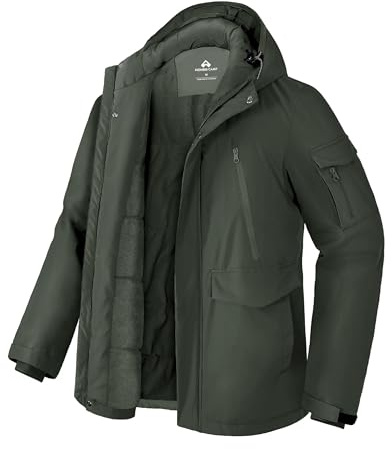 Pioneer Camp Veste d'hiver pour homme - Imperméable - Chaude - Doublure polaire - Coupe-vent - Avec 9 poches - Manteau d'extérieur à capuche (S-XXL), Vert armée., M