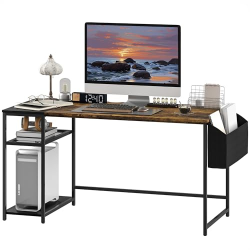 HOMCOM Escritorio de Ordenador, Mesa de Ordenador 150 x 60 cm, Escritorio con Almacenamiento, estantes de Almacenamiento Reversibles y Bolsa de Tela, para Espacios pequeños, Dormitorio, marrón