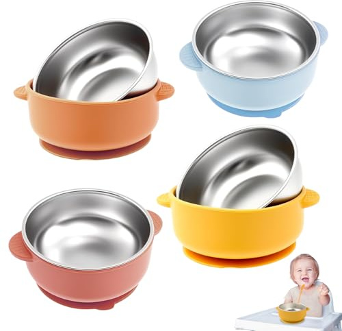 Ciotole Acciaio Inox Bambini, 4 Pezzi Ciotole Per In Acciaio Inox Con Ventosa, Con Manicotto In Silicone Rimovibile, ciotole 2 in 1 con ventosa in acciaio inox, per Neonati, Bambini e Toddlini
