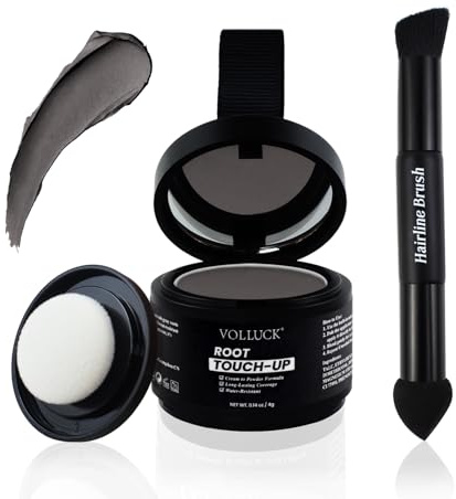 VOLLUCK Root Touch up Cream to Powder Formula – Strong Coverage for Thinning Hair & Grey Hair Cover up – Dual-End Brush & Sponge Applicator – Upgrade Hairline Powder for Men & Women (Dark Brown)