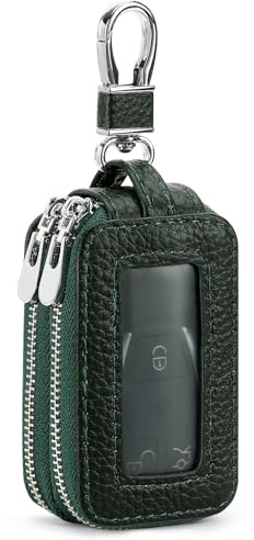 SENDEFN Car Key Fob Case Double Zipper Leather Smart Remote Keychain Protector Holder with Transparent Window