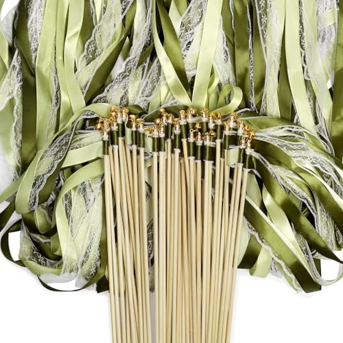 Wedding Wands Grün,50 Stk spalier Hochzeit Luftschlangen mit Glöckchen Hochzeitsbändern,Wedding Wands Hochzeit,Standesamt Wedel Hochzeit Seidenfeenstab für Hochzeiten Party Feiertagsfeiern Weihnachten