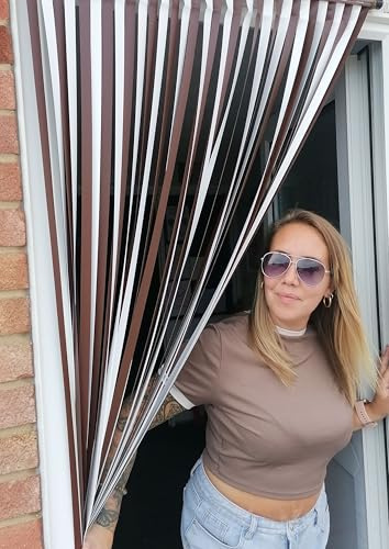 Lamellen-Türvorhang, Streifenvorhang, 80 cm breit x 200 cm lang, Braun / Weiß