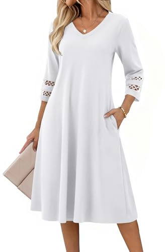 Zeagoo Vestido Mujer Blanco Verano Línea A Midi Manga 3/4 Elegante Túnica Encaje Escote V Playa Oficina XXL