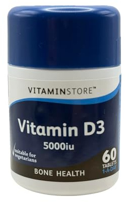 Vitamin Store High Strength Vitamin D3 5000 IU Tablets, 60 Count, GMP Certified Supplement, Supports Immune System Function, Bone Health, Teeth Maintenance and Muscle Function