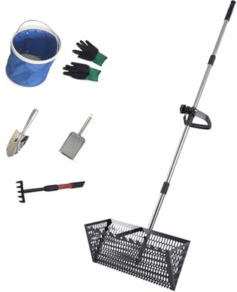 Kit de tamiz de arena de playa de acero al carbono, juego completo de peine de playa con rastrillo de pulgas de arena, cubo plegable y guantes, accesorios de playa (negro)