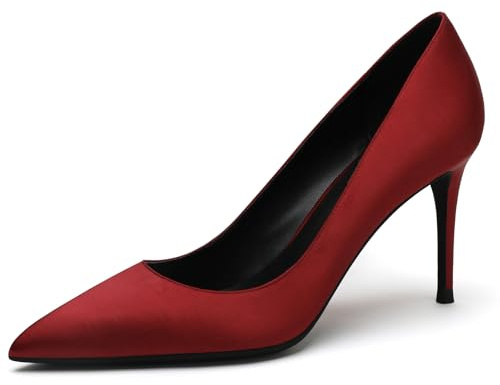 Damskor satinpumps spetssko pianoklack 8 cm gummisula slip-skor business kontor brud gästskor kvällsfest bröllop flerfärgad, Burgund, 39 EU